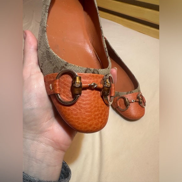 Gucci Beige/Orange GG Canvas And Leather Horsebit Ballet Flats US size 9 - Picture 2 of 7